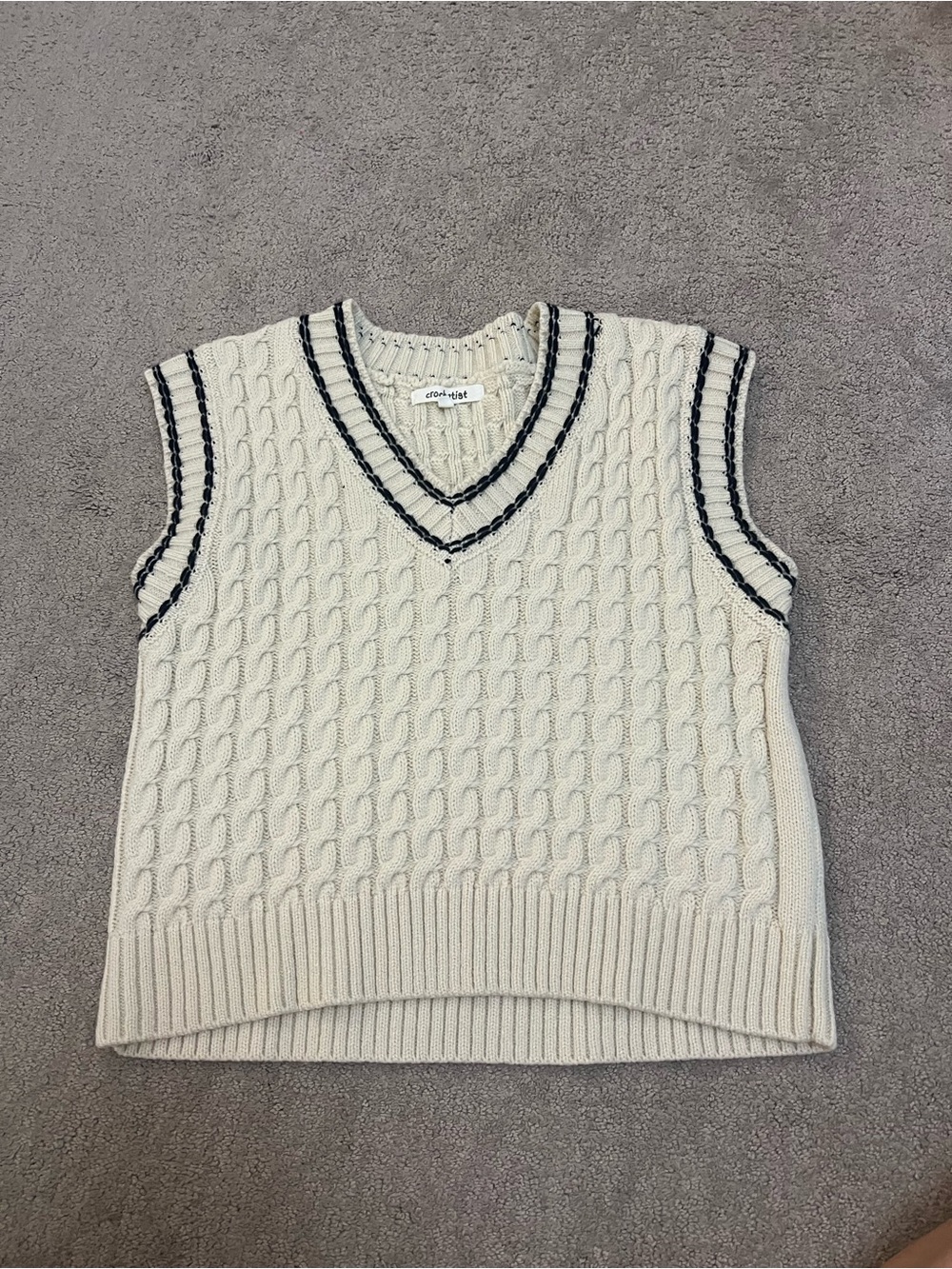 H&M Cream Cable Knit V-Neck Sweater Vest with Navy Trim